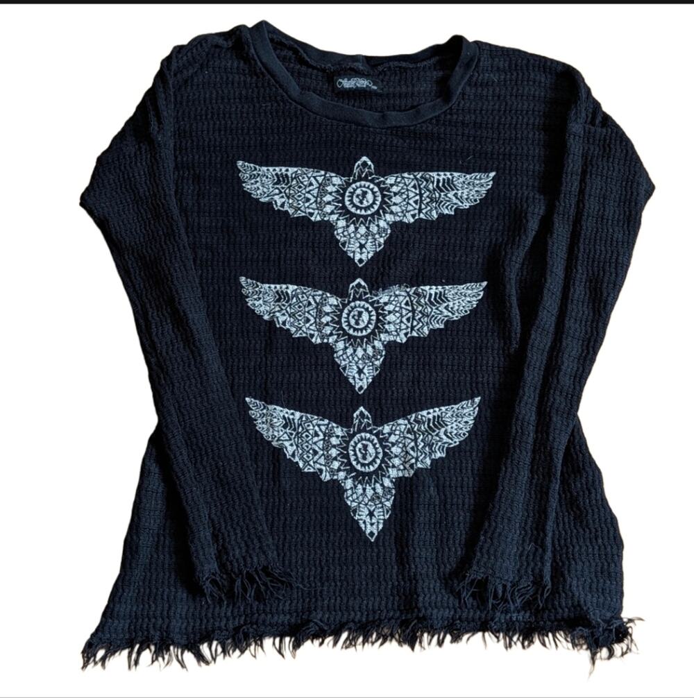 Lauren Moshi Designer Boho Southwestern Crow Bird Fringe Hem Long Sleeve Shirt